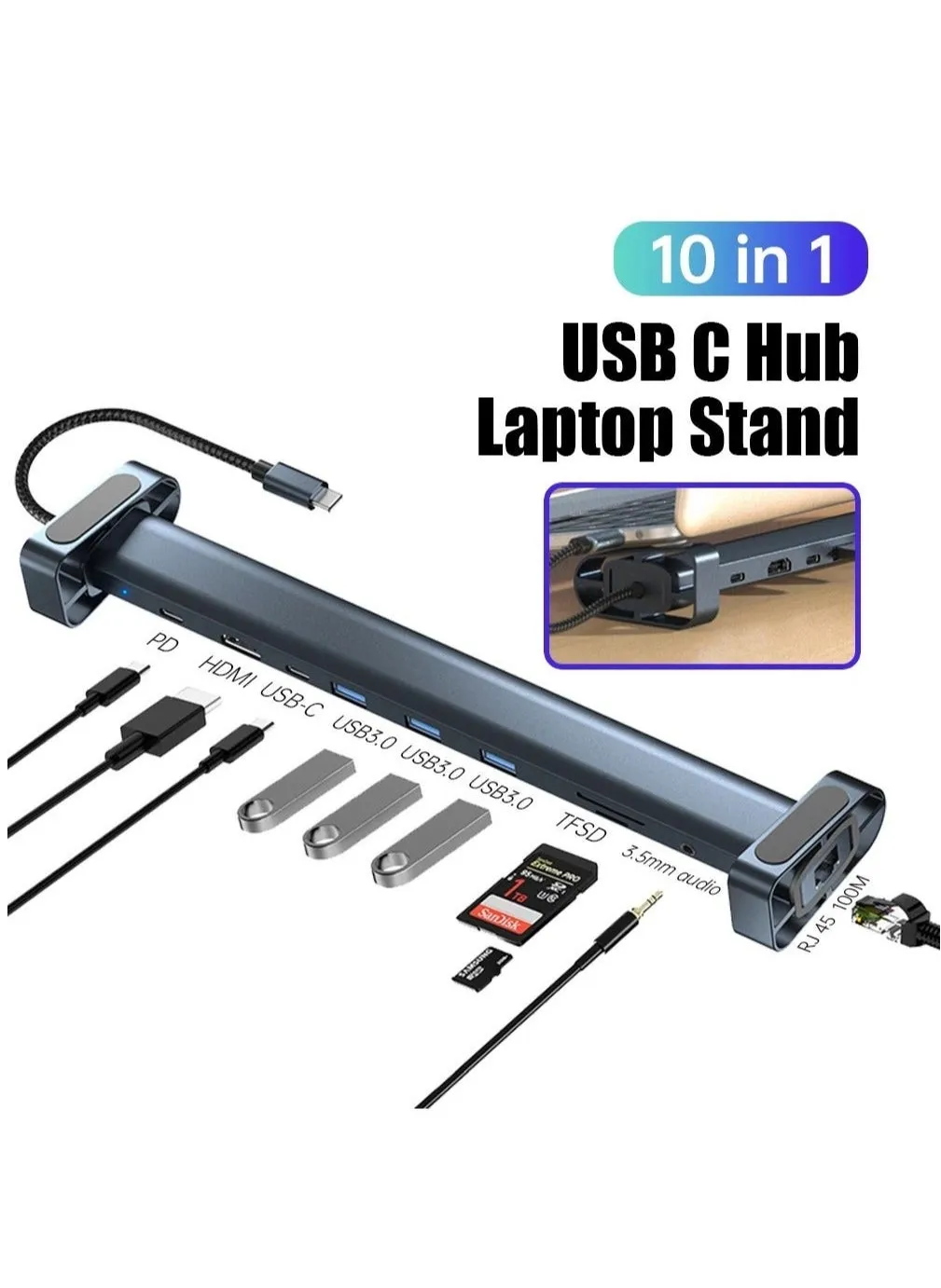 10 in 1 Hub Docking Station USB C Multi Port Adapter 4K HDMI PD 100W USB 3.0 Gigabit Ethernet RJ45 Docking Station Laptop Stand-1