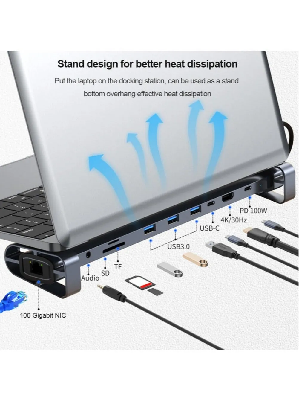 10 in 1 Hub Docking Station USB C Multi Port Adapter 4K HDMI PD 100W USB 3.0 Gigabit Ethernet RJ45 Docking Station Laptop Stand-2