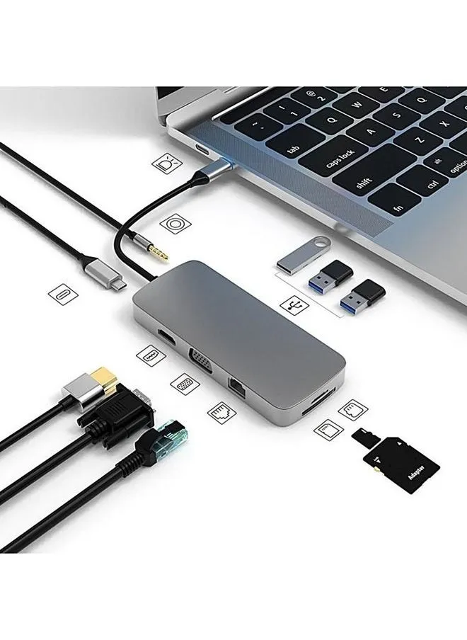 موزع USB TypeC 10 في 1 بمنفذين USB 2.0 وUSB 3.0 باللون الرمادي الفضائي-2