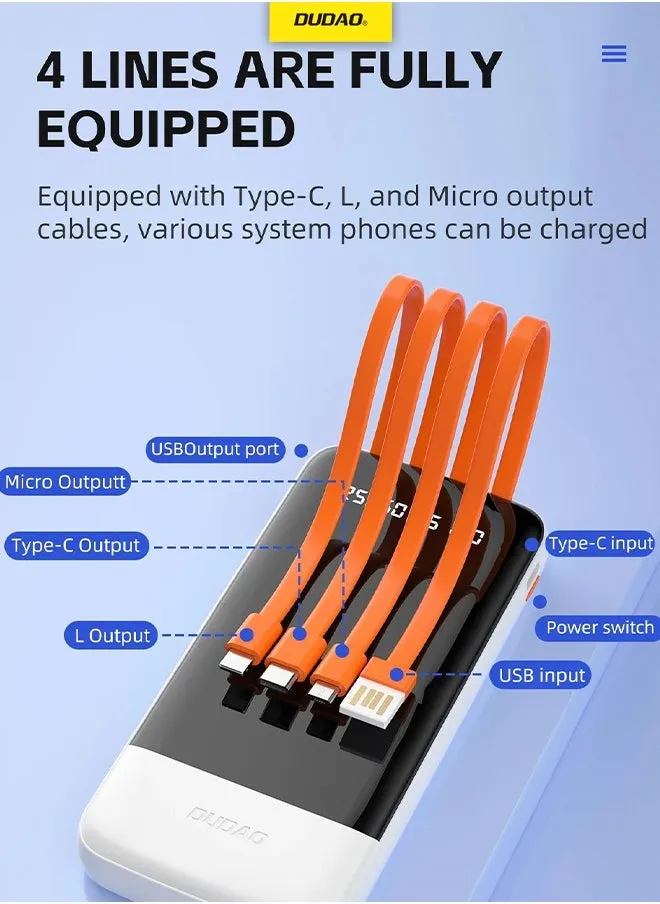 باور بانك بسعة 10000 ملي أمبير، يحتوي على 4 كابلات مخفية (USB، Lightning، MICRO، TYPE-C)، تصميم كابلات قابلة للفصل، مع شاشة رقمية LED.-2