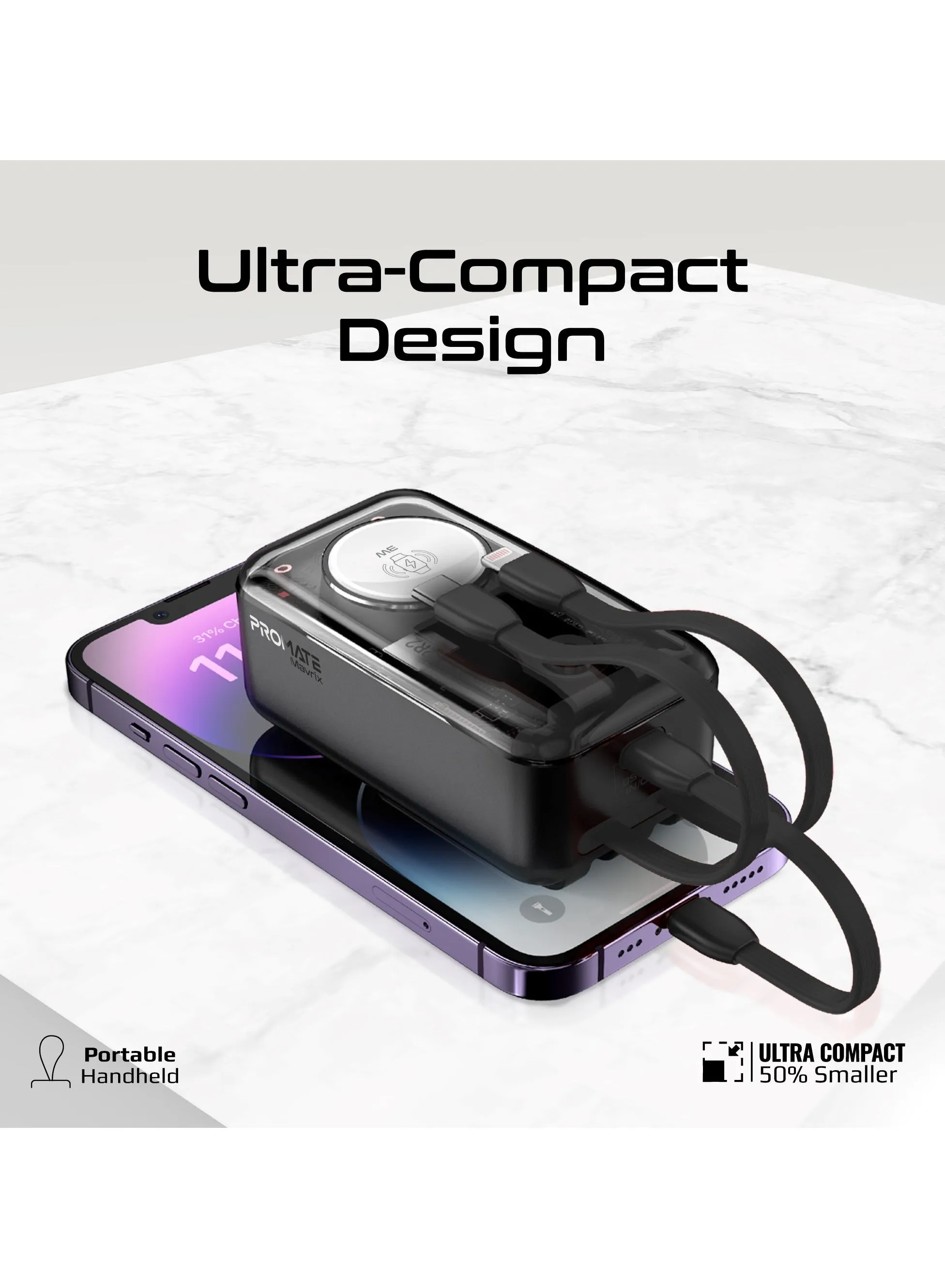 10000 mAh Transparent Power Bank With Built-In Cables, 35W Usb-C PD Cable, 12W Lightning Cord, USB-C In/Out Port And 3W Smartwatch Charger, Mavrix Black-1