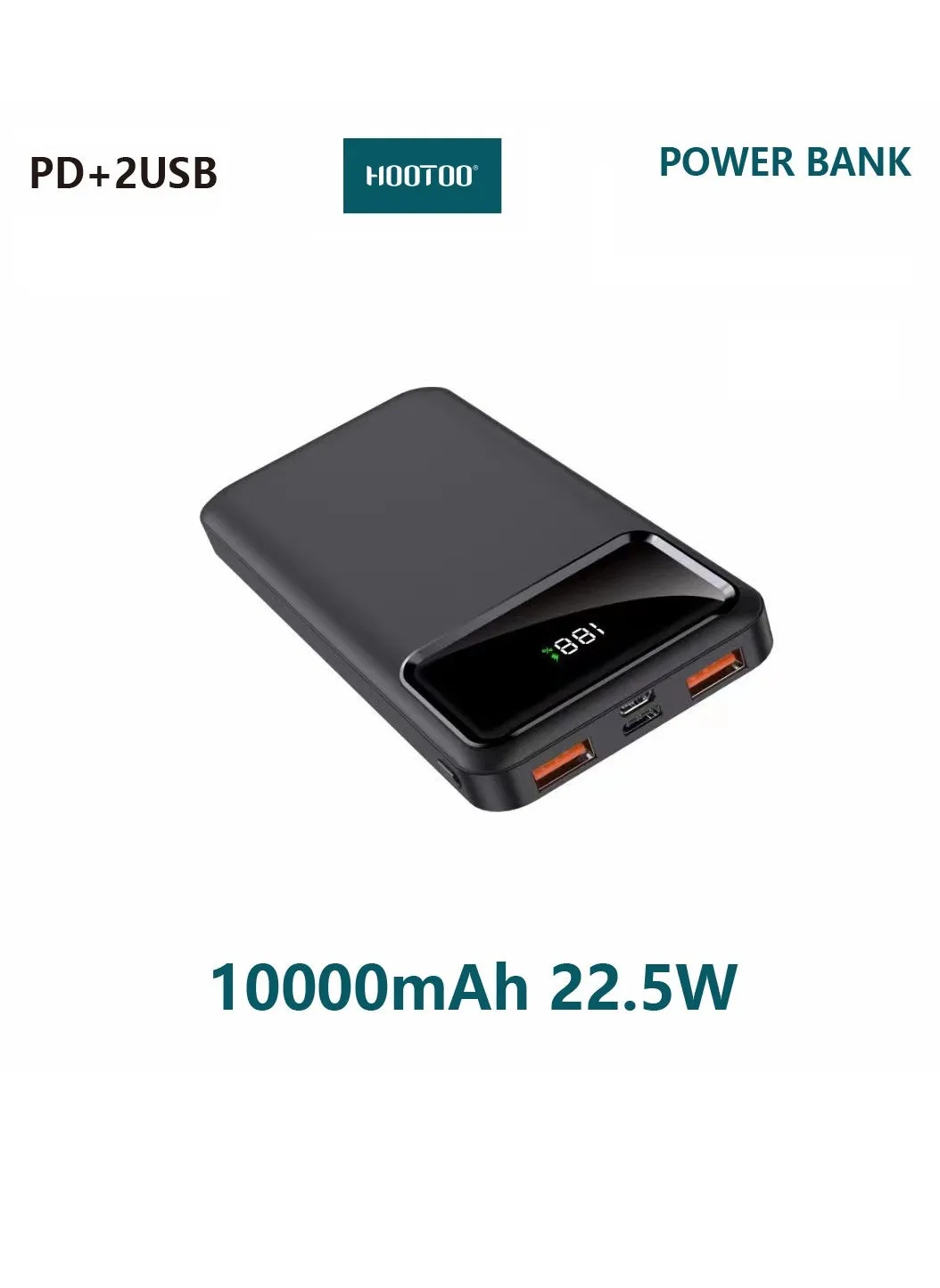 باور بنك بيبو بسعة 10000mAh وشاشة عرض نسبة الشحن بمفذين USB و منفذ تايب سي PD يدعم الشحن السريع بقوة 22.5 واط-باللون الاسود من هوتو-2