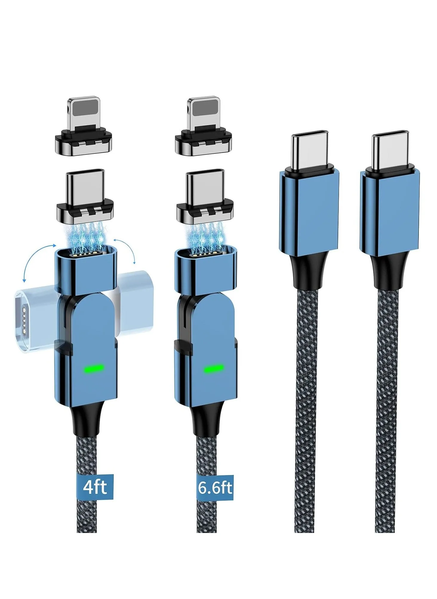 كابل شحن مغناطيسي 100 وات يدور 180 درجة، 2 في 1 كابل شاحن USB C إلى USB C/ Lightnlng (عبوتان، 4/ 6.6 قدم، نقل بيانات 480 ميجابت في الثانية، لهاتف iPhone 15 و14 وiPad وMacBook Pro وGalaxy S22 (أزرق)-1