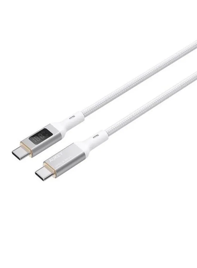 كيبل 100 واط مضفر شحن و مزامنة USB-C إلى USB-C مع شاشة قياس واط طول 1.8م MCC102 أبيض لون أبيض-2