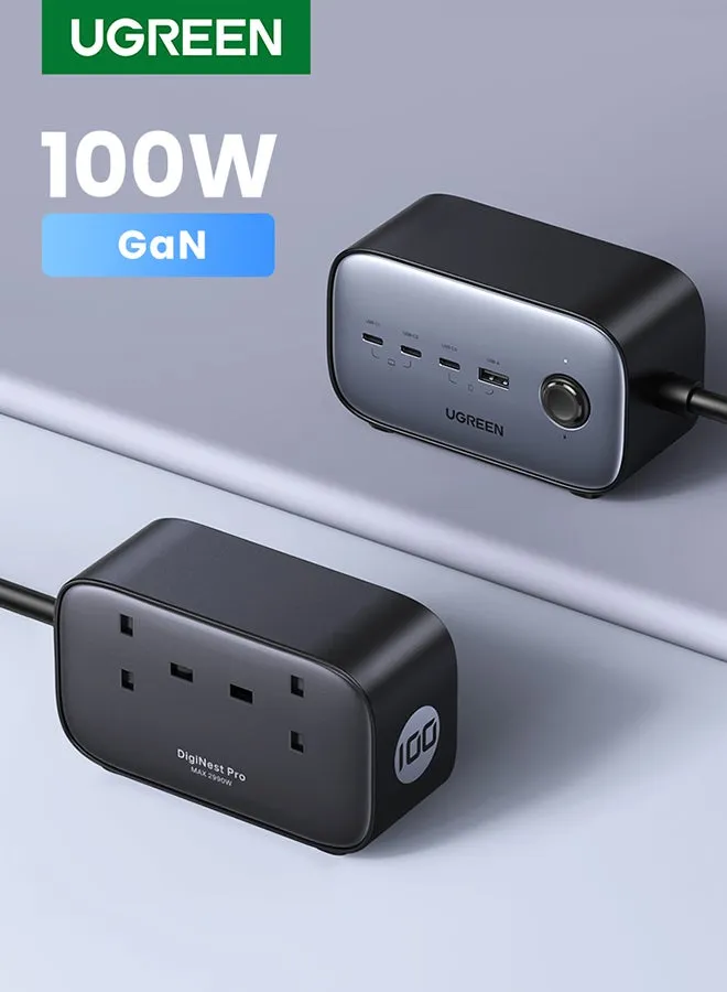 شاحن USB C 100 واط 6 في 1 ديجينيست برو، سلك تمديد متعدد المنافذ، قابس شاحن سريع مع 2 × مخارج تيار متردد، 3 × USB C، 1 × USB A، سلك تمديد 1.8 متر لسطح المكتب والمنزل والمكتب-1