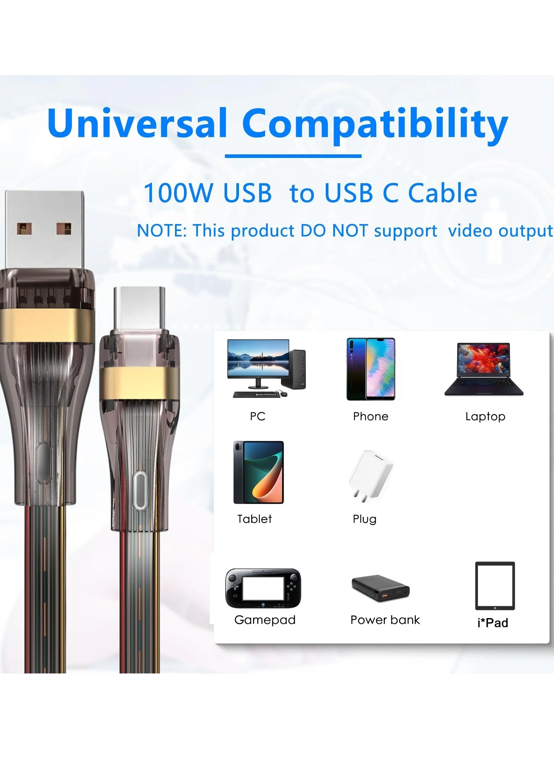 كابل USB إلى USB C بقوة 100 وات، 5 أمبير من السيليكون الشفاف الناعم من النوع C، كابل SR وكابل مسطح يدعم QC (2 متر/6.5 قدم)-2