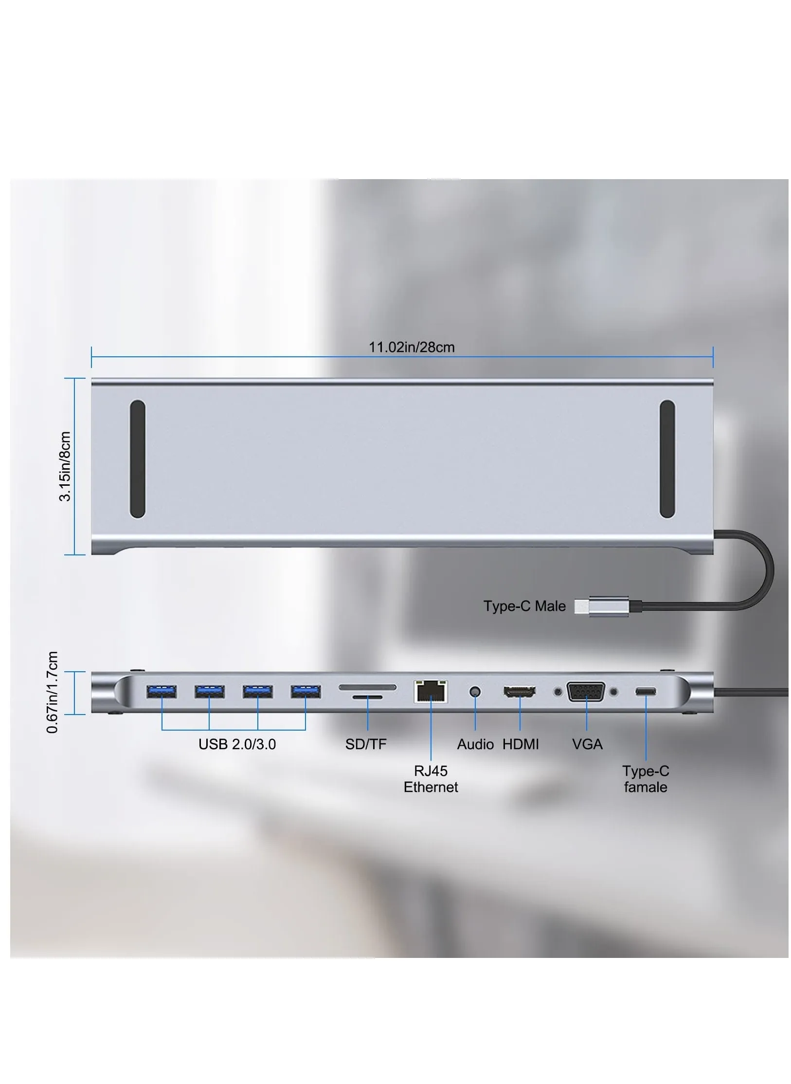 محطة إرساء USB C 11 في 1، USB Type C إلى 4K 30Hz HDMI+VGA، قارئ بطاقات SD/TF، RJ45، 4 منافذ USB3.0، محول لأجهزة MacBook، Mac Pro، Mac Mini، iMac، فضي-2