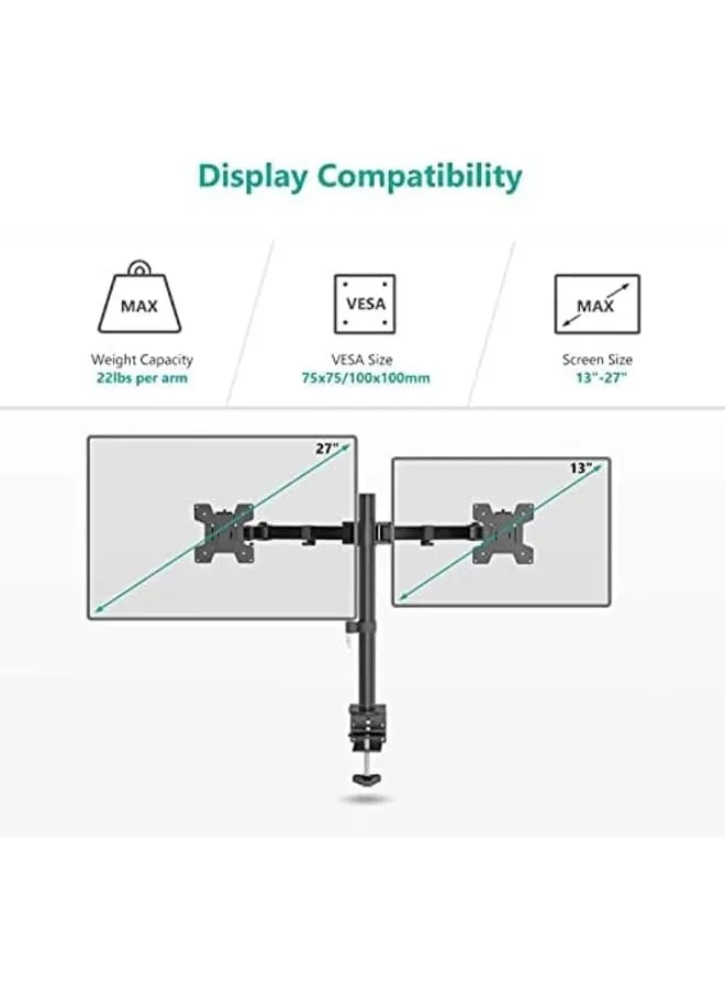 حامل شاشة مزدوج 13 27 بوصة، حامل عالي التحمل وقابل للتعديل بالكامل لشاشات الكمبيوتر يحمل ما يصل إلى 17.6 رطل لكل ذراع مع دوران وإمالة 75 100 مم Vesa Black A-2