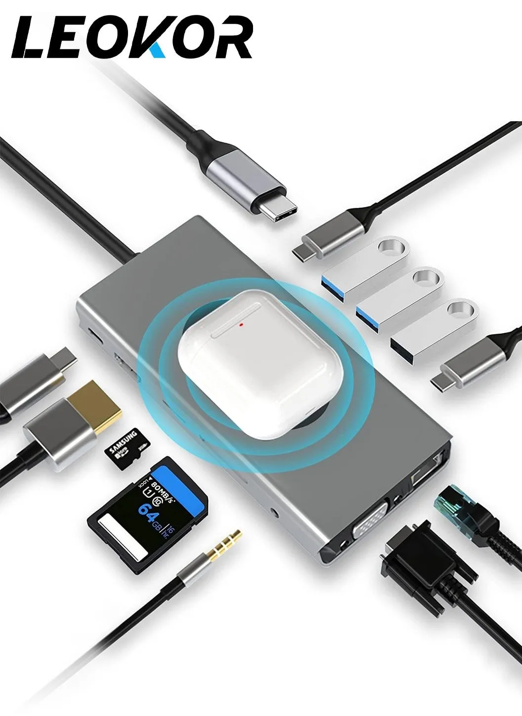 محور USB 13 في 1 مع كابلوسم لادن، محول محطة الإرساء مع 4K-اتش دي ام اي، VGA، RJ45 إيثرنت، 2×USB3.0، USB C 3.0&2.0، PD 100W، SD/TF & 3.5 مم AUX، متوافق مع ماك بوك برو وأنديري كمبيوتر محمول-1