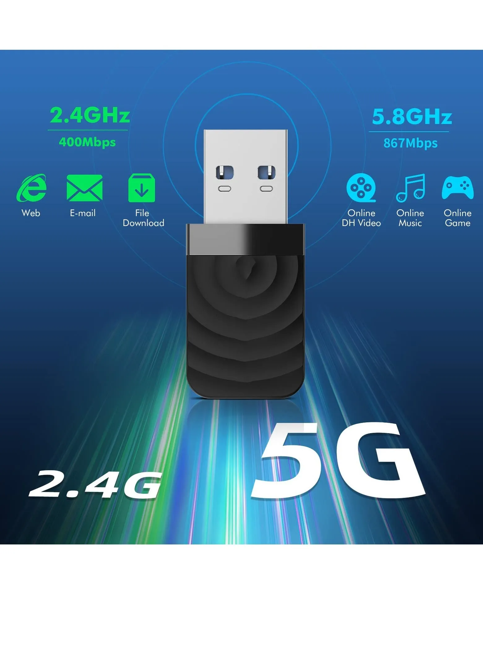 محول واي فاي لاسلكي USB3.0 بسرعة 1300 ميجابت في الثانية 802.11ac ثنائي النطاق 5 جيجاهرتز و2.4 جيجاهرتز USB واي فاي دونجل لأجهزة الكمبيوتر المكتبية وأجهزة الكمبيوتر المحمولة بسرعة نقل عالية بدون برنامج تشغيل MU-MIMO لنظام التشغيل Windows 11 10 7 8 8.1 XP Mac OS-2