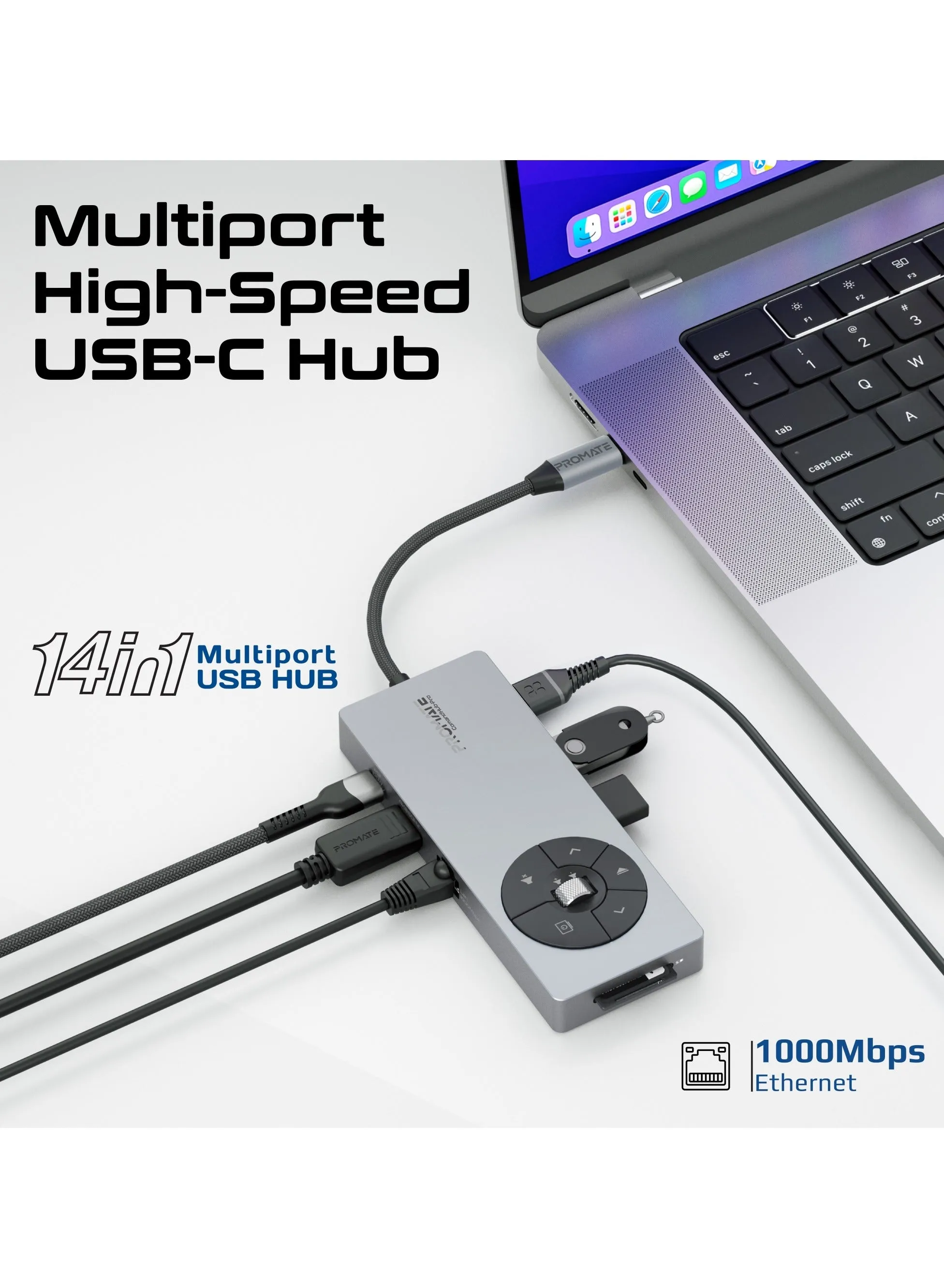 14-in-1 High Speed ​​Multiport USB-C Hub, Dual 5Gbps USB-C / A Ports, 100W USB-C Power Delivery, 1000Mbps Ethernet Port, 4K@60Hz HDMI Port With Control Button, SD/TF Card Slots Grey-2