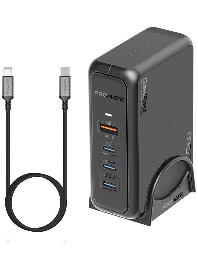 محطة شحن GaNFast بقوة 140 وات مع توصيل الطاقة 3.1 والشحن السريع 3.0 - منفذ USB-C بقوة 140/100/30 وات، ومنفذ USB 18 وات QC 3.0 - يتضمن كابل توصيل طاقة 240 وات-1