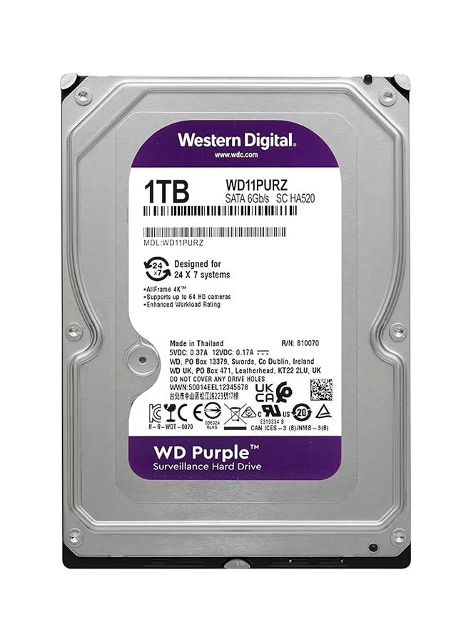 محرك الأقراص الصلبة الداخلي WD Purple للمراقبة سعة 1 تيرابايت - SATA بسرعة 6 جيجابايت/ثانية، ذاكرة تخزين مؤقت 64 ميجابايت، 3.5 بوصة - WD11PURZ-2