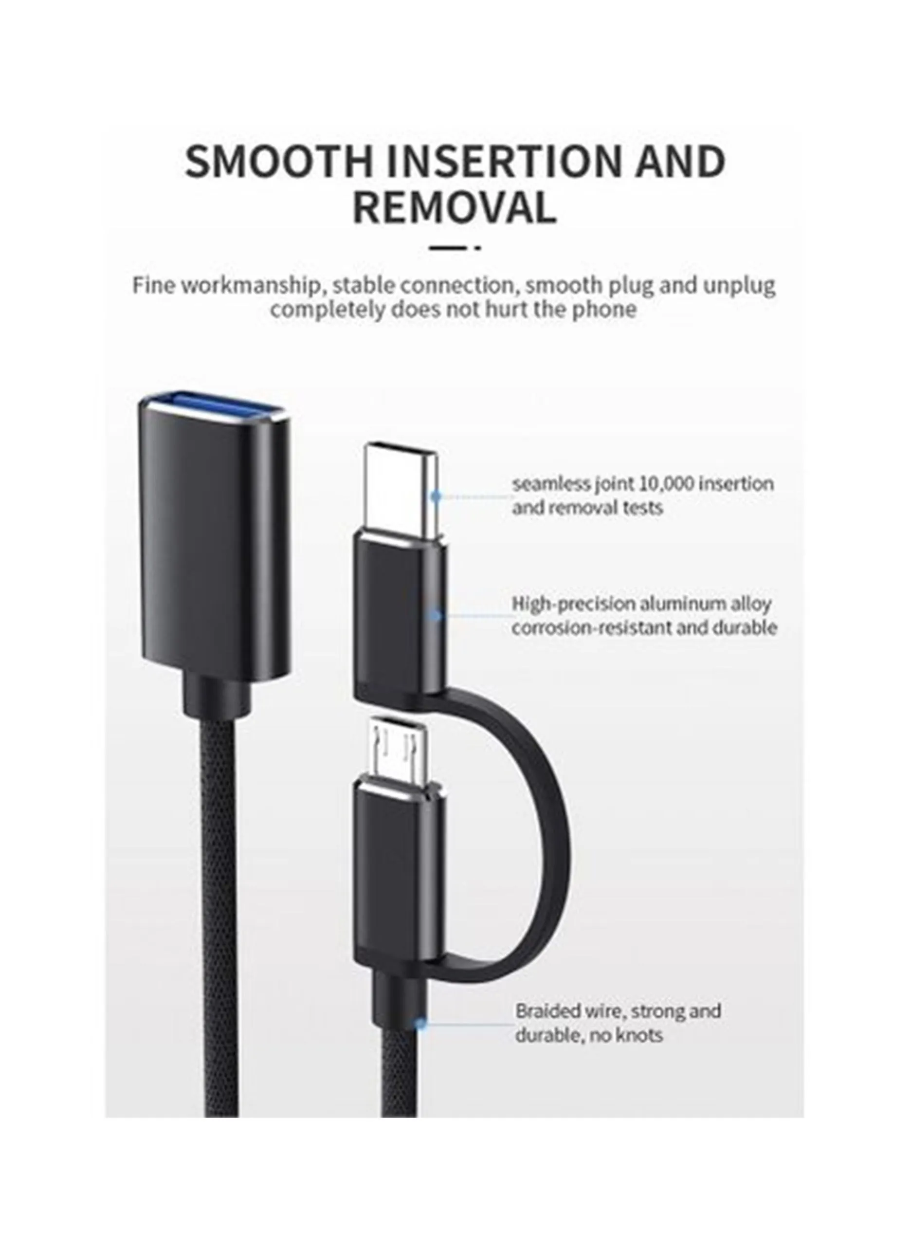 كابل بيانات 2 في 1 USB-C وMicro - أسود-2