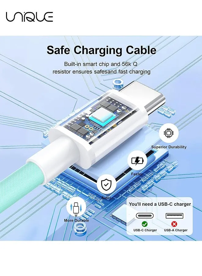 كابل شحن بطول 2 متر، كابل شاحن مضفر من النوع C بطول 60 واط للشحن السريع، كابل شاحن USB C إلى USB C لسلسلة iPhone 15 / سامسونج / ماك بوك / جوجل / أندرويد / كابل شاحن هاتف محمول - أخضر-2