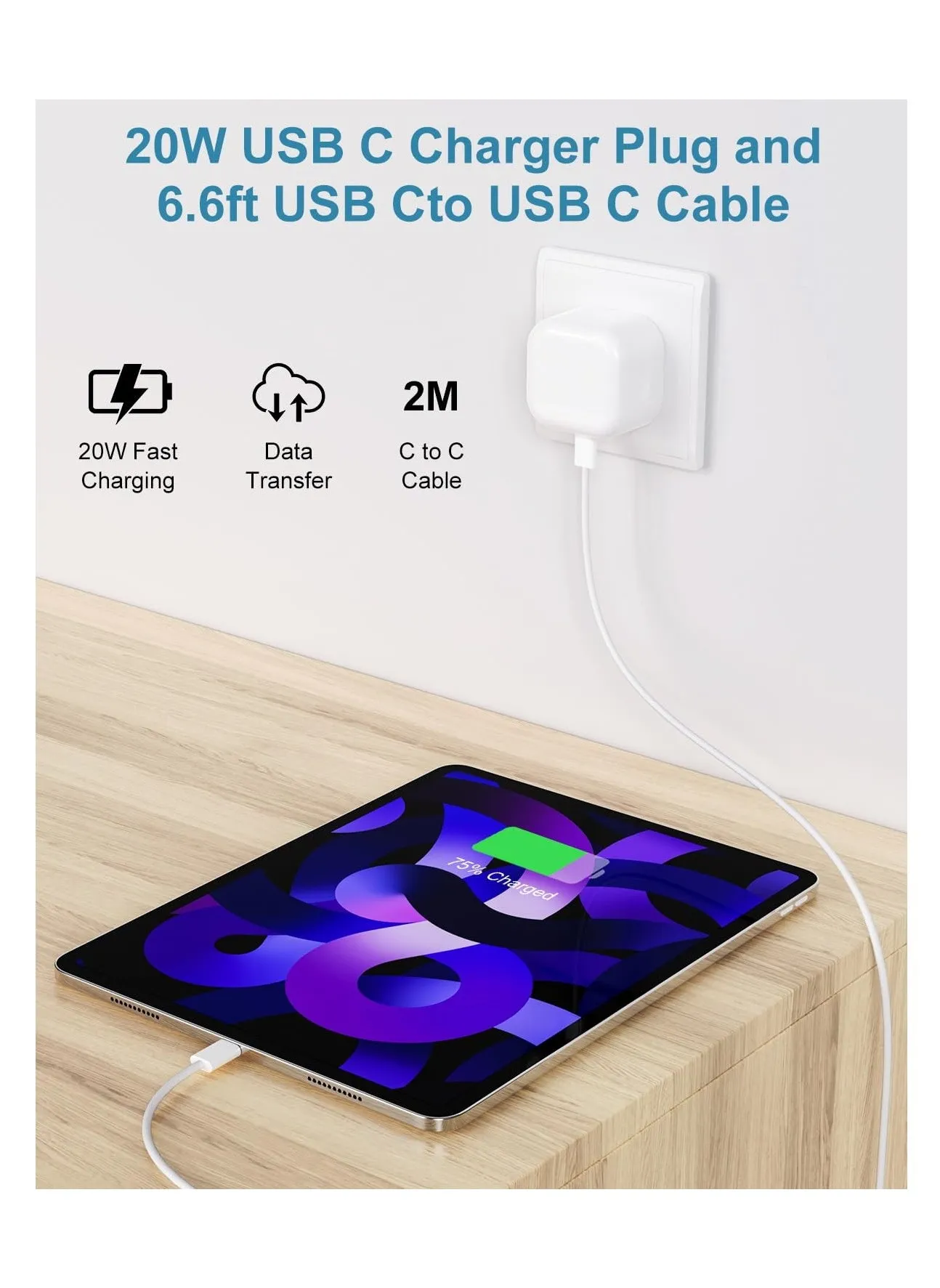 2 عبوة شاحن USB C سريع بقدرة 20 واط مع كابل بطول 2 متر، محولات قابس حائط بريطانية وكابل شحن متين من النايلون المضفر من النوع C إلى C لأجهزة iPhone16 15 Plus Pro Max، iPad Pro Ari Mini.-2