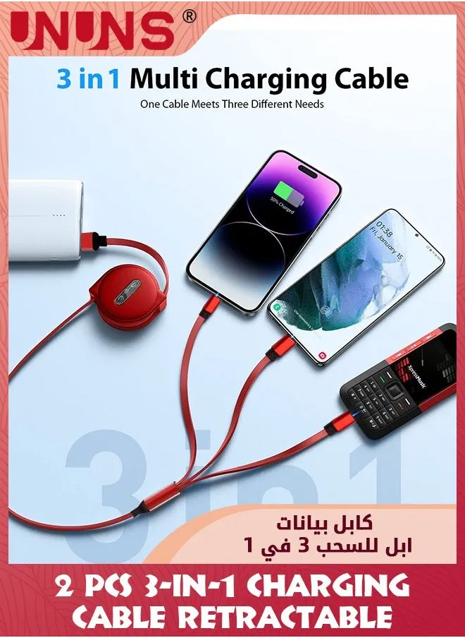 2 حزمة كابل شحن متعدد 3 في 1، كابل شحن USB أساسي قابل للسحب للسفر مع نوع C/Micro USB/IP، سلك شاحن هاتف متعدد لهاتف iPhone 15 14 13 12 11، Samsung S23 S22، أحمر-2