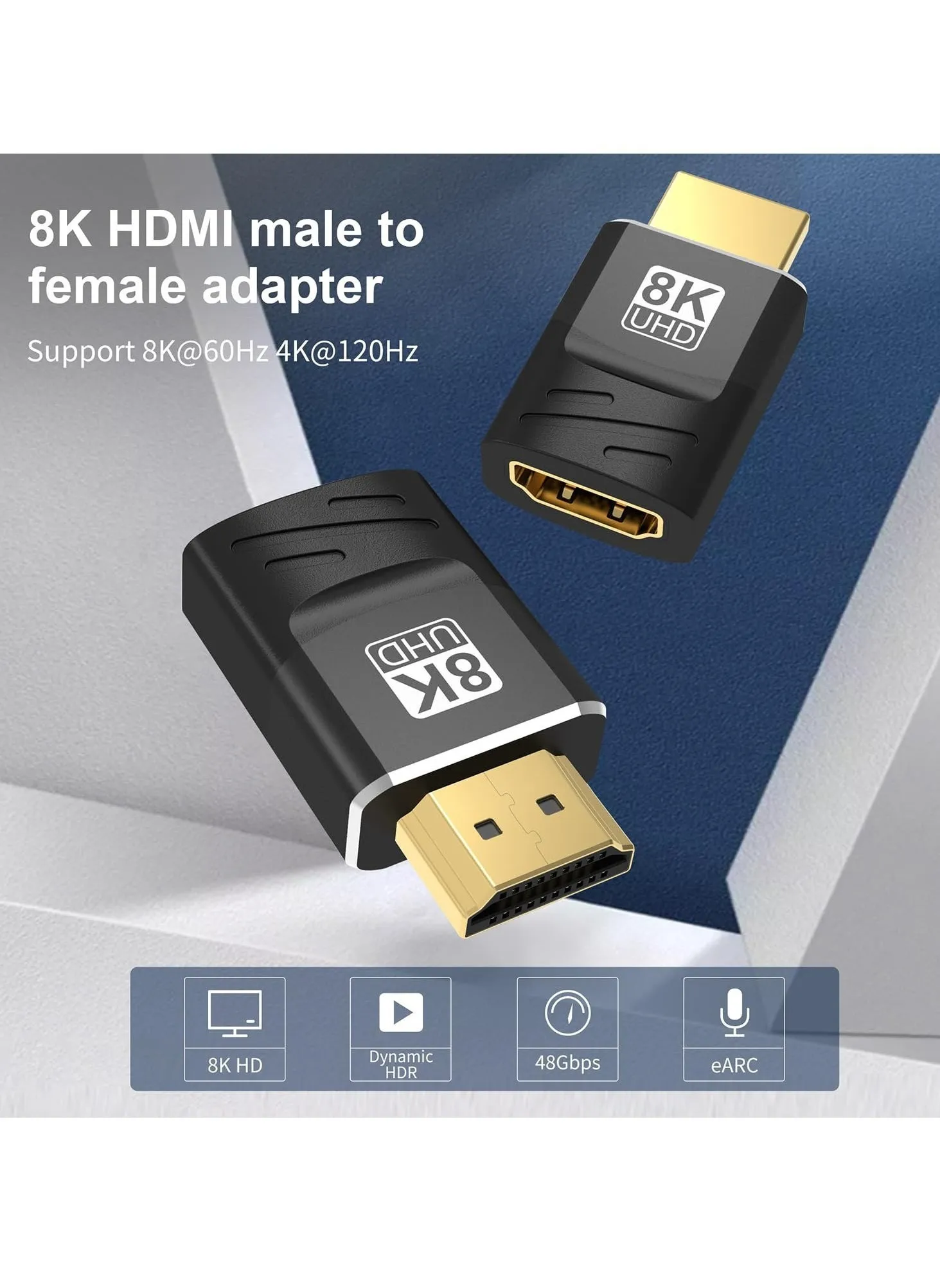 عبوتان من موصل HDMI بدقة 8K، محول 2.1 أنثى إلى أنثى وموصل HDMI ذكر إلى أنثى، يدعم 8K بتردد 60 هرتز، 4K بتردد 120 هرتز، HDR، eARC، مناسب لأجهزة الكمبيوتر المحمولة والكمبيوتر الشخصي والشاشة-2