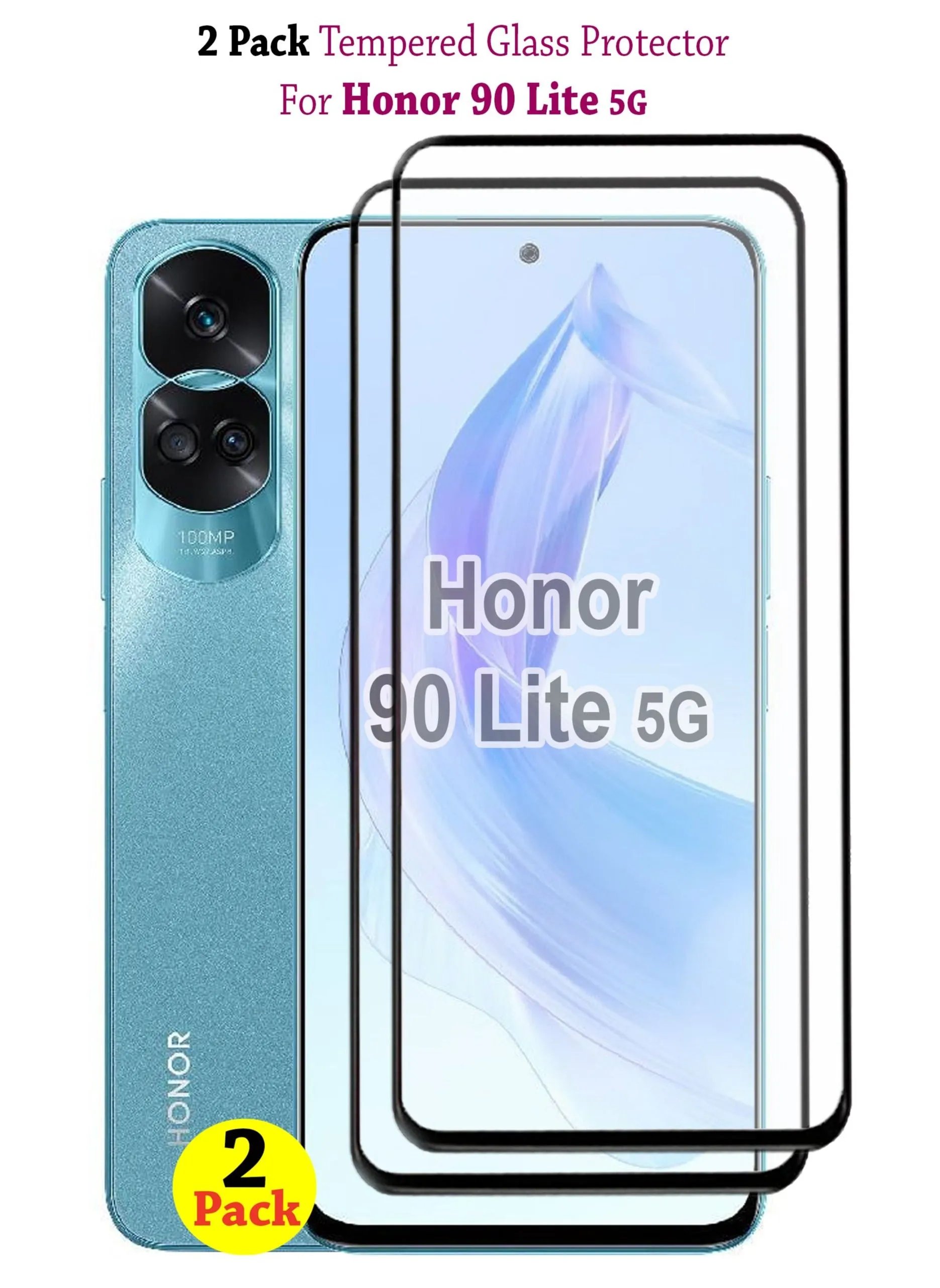 عبوتان من واقي الشاشة الزجاجي المقوى لهاتف Honor 90 Lite 5G - أسود-1