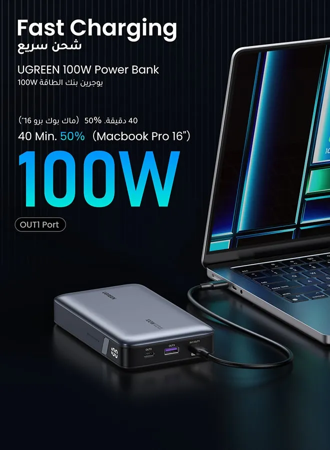 100 واط باور بانك Mah 20000، شاحن متنقل سريع الشحن ، باور بانك شاحن لابتوب محمول مع منفذين USB-C و USB-A حزمة بطاريه متنقله لماك بوك وديل وايفون 15 سلسلة وسامسونج اس 24 23 الترا وايباد وايربودز وكاميرا 20000 mAh-2