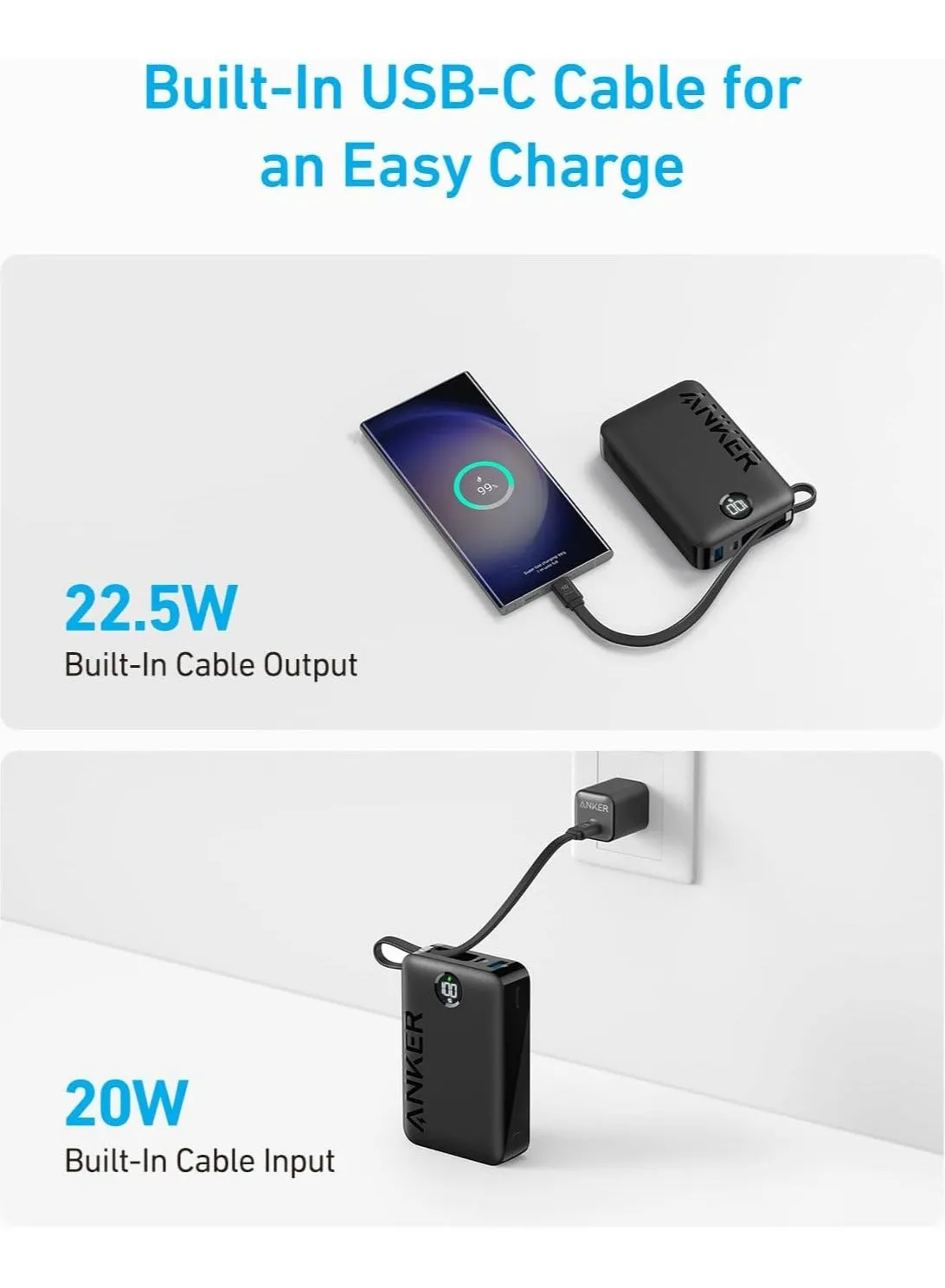 باور بانك Anker 335 بقدرة 20000 مللي أمبير في الساعة (PowerCore 22.5W، كابل USB-C مدمج) B2C - UN Black Iteration 1 Black-2