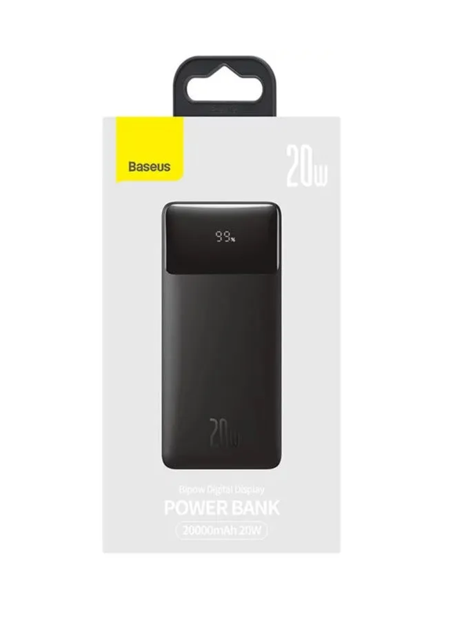 20000 مللي أمبير في الساعة Baseus Bipow Digital Display Fast Charge Power Bank 20000 مللي أمبير في الساعة 20 وات إصدار خارجي - مع كابل شحن سلسلة بسيطة USB إلى Micro 25 سم أسود - أسود-1