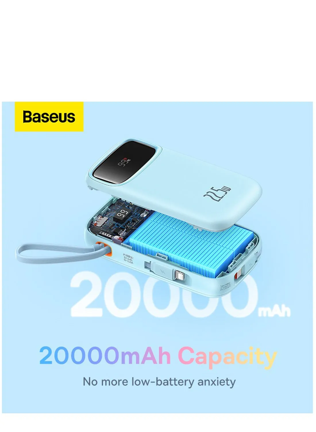 20000 mAh Portable Charger Power Bank 22.5W 20000mAh Fast Charging Portable Phone Charger With Built In Lightning And USB C Output Cable LED Display Battery Pack For iPhone Samsung Android Pixel iPad Blue-2