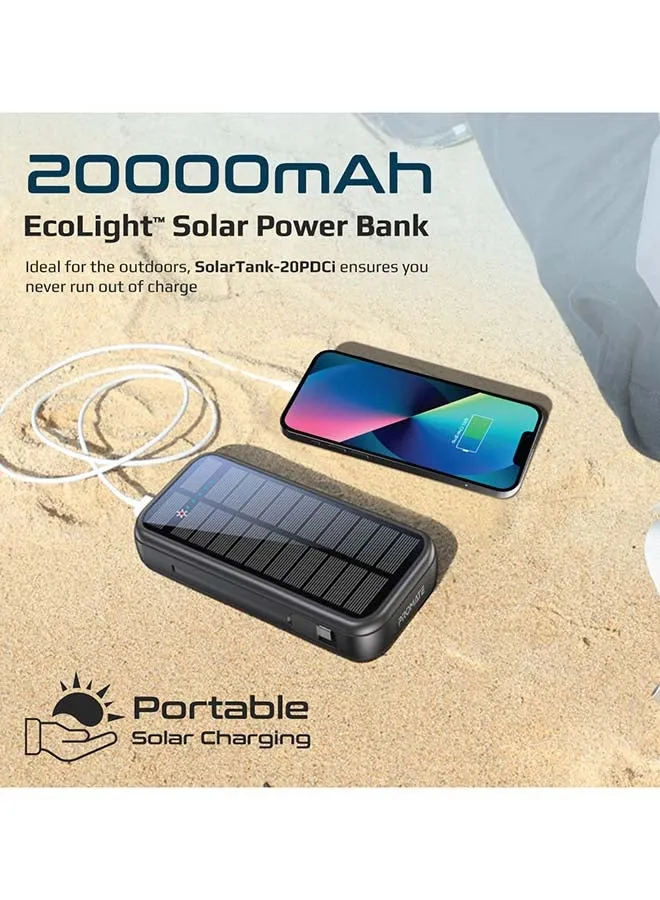 بنك الطاقة الشمسية EcoLight بسعة 20000 مللي أمبير في الساعة مع كابلات USB-C وLightning مدمجة باللون الأسود أسود-2