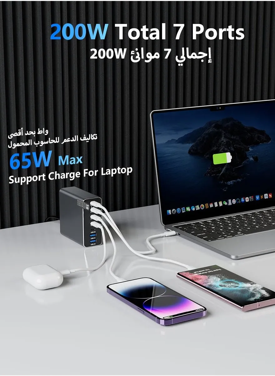 200 واط 6 منافذ شاحن سريع بتقنية GaN، محطة شحن USB Type-C المكتبية لمجموعة متنوعة من الهواتف الذكية والأجهزة اللوحية وأجهزة اللابتوب بما في ذلك ماك بوك، مع كابل طاقة بطول 1.5 متر وقاعدة شاحن-2