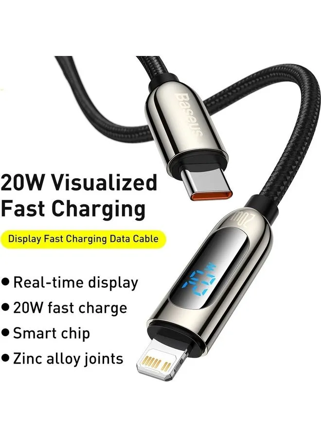 كابل من USB C إلى لايتنينج بقدرة 20 وات وشاشة LED يدعم تقنية توصيل الطاقة (باور ديليفري) متوافق مع آيفون 13 و13 برو و12 برو و12 برو ماكس و12 و11 وX وXS وXR و8 بلس وآيربودز برو (2 متر) أسود-2