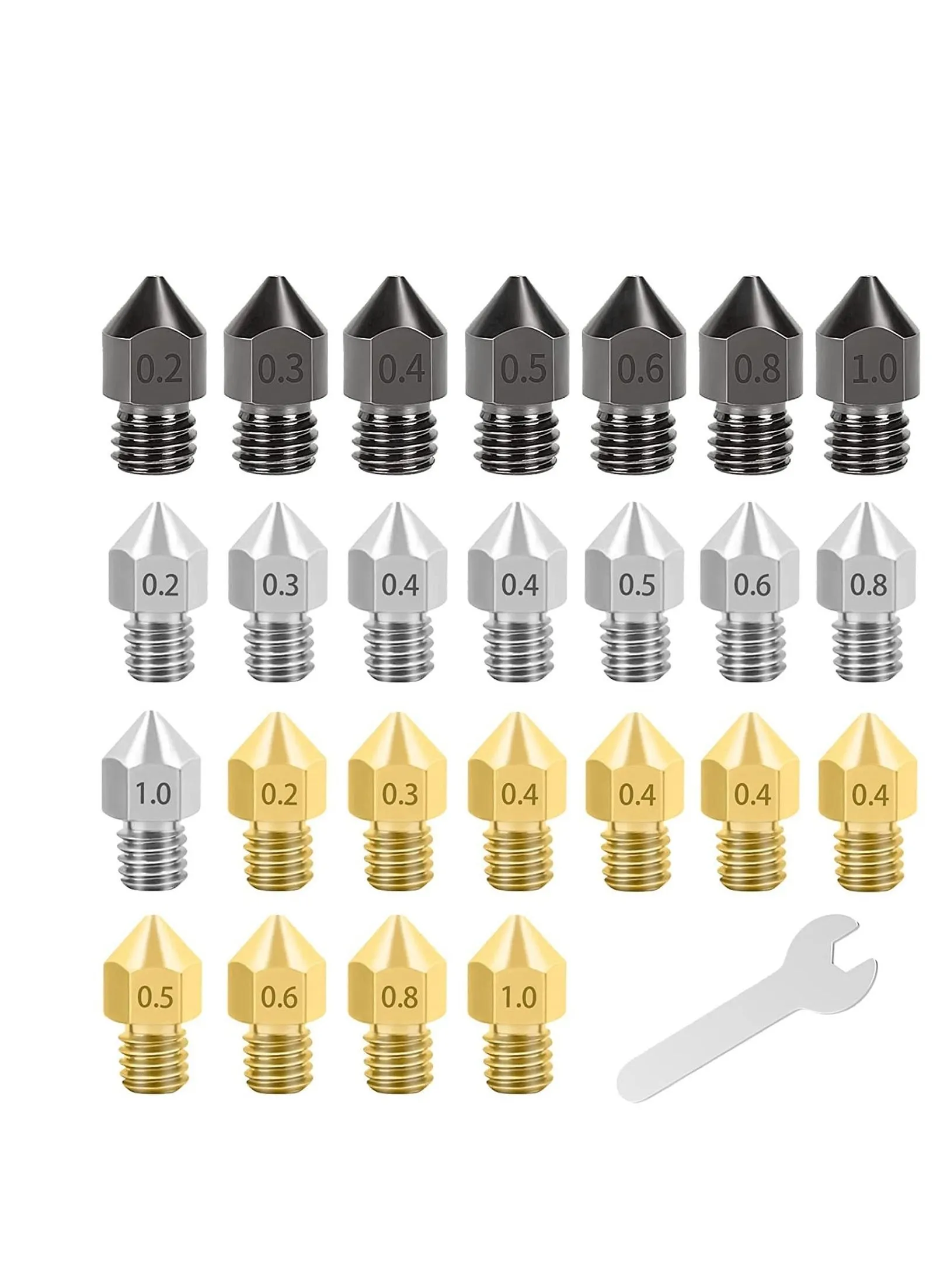 25PCS 3D Printer Extruder Nozzles Hardened Steel, Stainless Brass High Temperature Pointed Wear Resistant Nozzle 0.2 0.3 0.4 0.5 0.6 0.8 1.0 mm, for CR-10, Ender 3/ Ender3 pro, Prusa i3-1