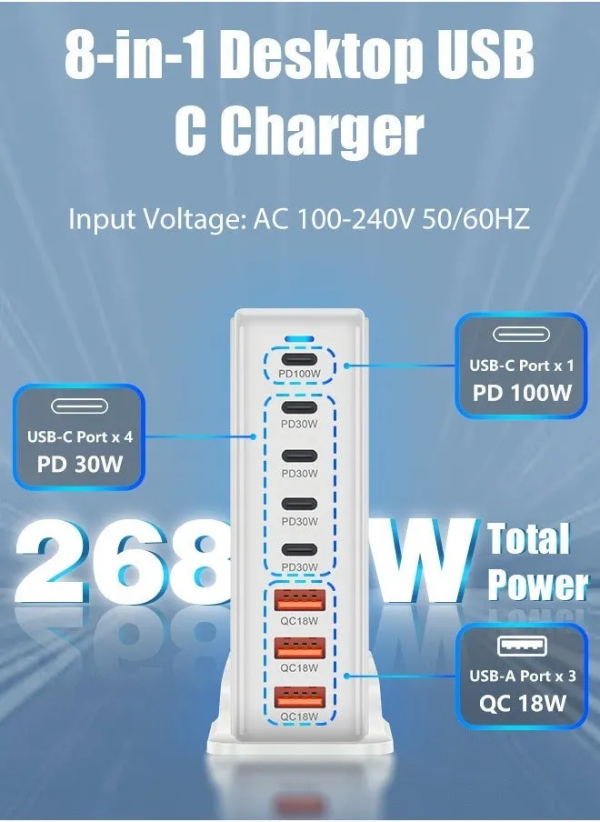 شاحن GaN من النوع C بقوة 268 واط ، كتلة محور محطة شحن سريع من النوع C ب 8 منافذ ، محول قطاع طاقة شاحن حائط قابس مكعب 5 PD USB C 3 QC شاحن كمبيوتر محمول USB A لماك بوك Air Sumsung S24 iPhone 15 14 iPad-2