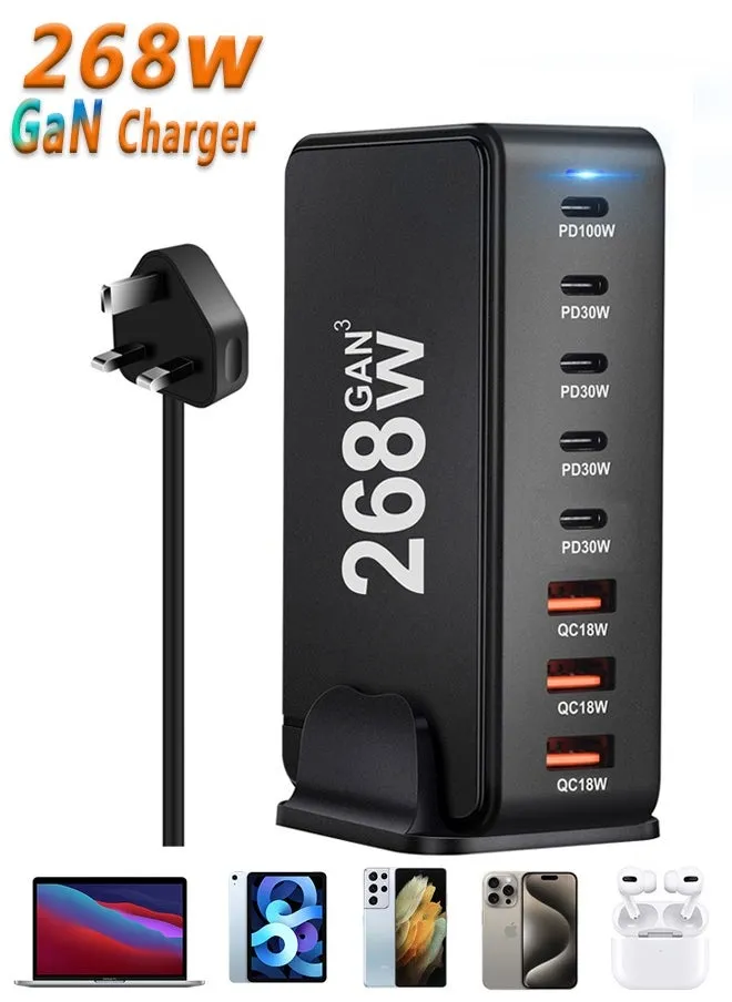 268W GaN USB C Charger,  8 Port Type C Fast Charging Station Hub Block, Wall Charger Power Strip Adapter Plug Cube 5 PD USB C 3 QC USB A Laptop Charger for MacBook Air Sumsung S23 iPhone 15 14  iPad-1