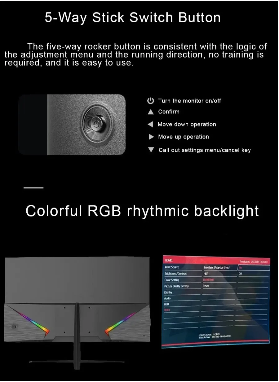 شاشة ألعاب IPS مقاس 27 بوصة بمعدل تحديث 165 هرتز مع شاشة مسطحة QHD (2560×1440)، ووقت استجابة 1 مللي ثانية، وإضاءة خلفية LED ملونة، ومنفذين HDMI وDP وسماعات أذن مع زر تشغيل/قائمة بخمسة اتجاهات-2