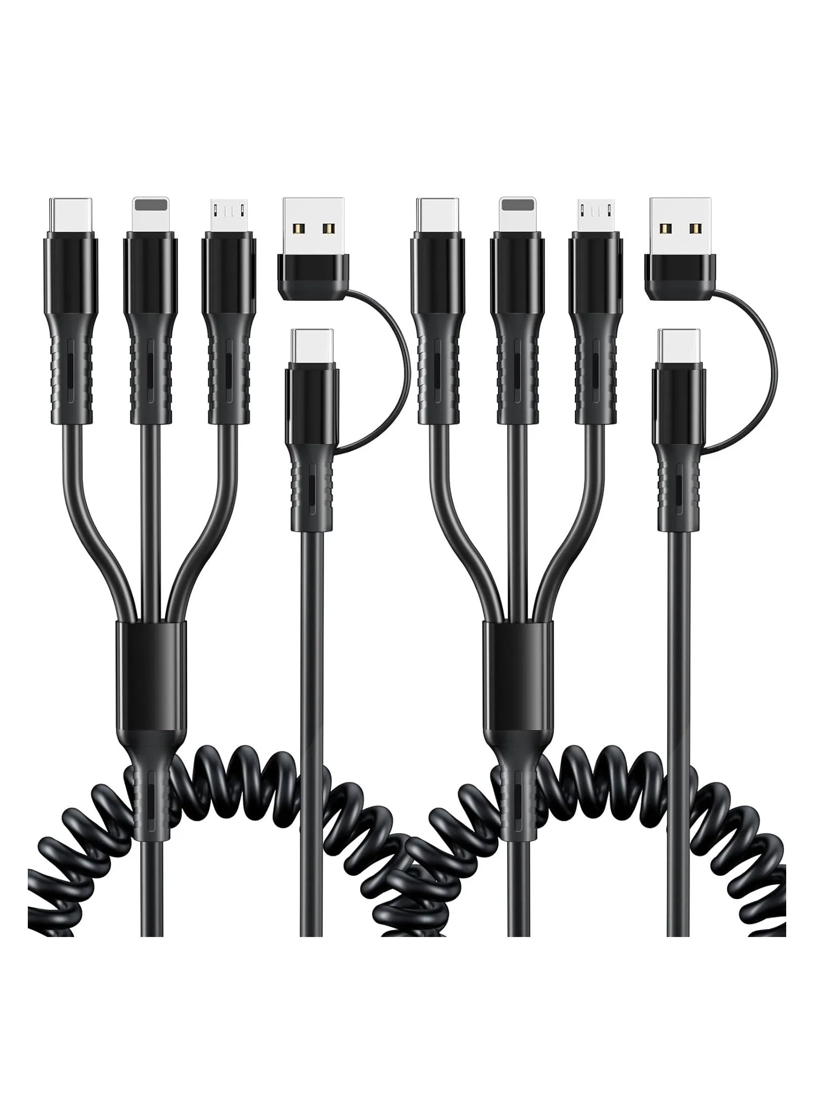 2 قطعة كابل شحن متعدد 6FT كابل شاحن هاتف متعدد ملفوف عالمي 6 في 1 سلك شحن إضافي طويل متعدد USB C مع موصلات منفذ USB C Micro USB للهواتف المحمولة والمزيد-1