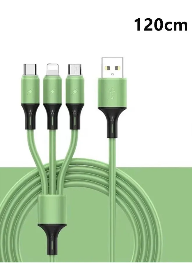 كابل شحن 3 في 1 120 سم ، جل سيليكا سائل ممتاز سلك شحن سريع USB متعدد من النوع C / Micro USB و Lightning لأجهزة iPhone و Galaxy والأجهزة اللوحية وغيرها الكثير أخضر-1