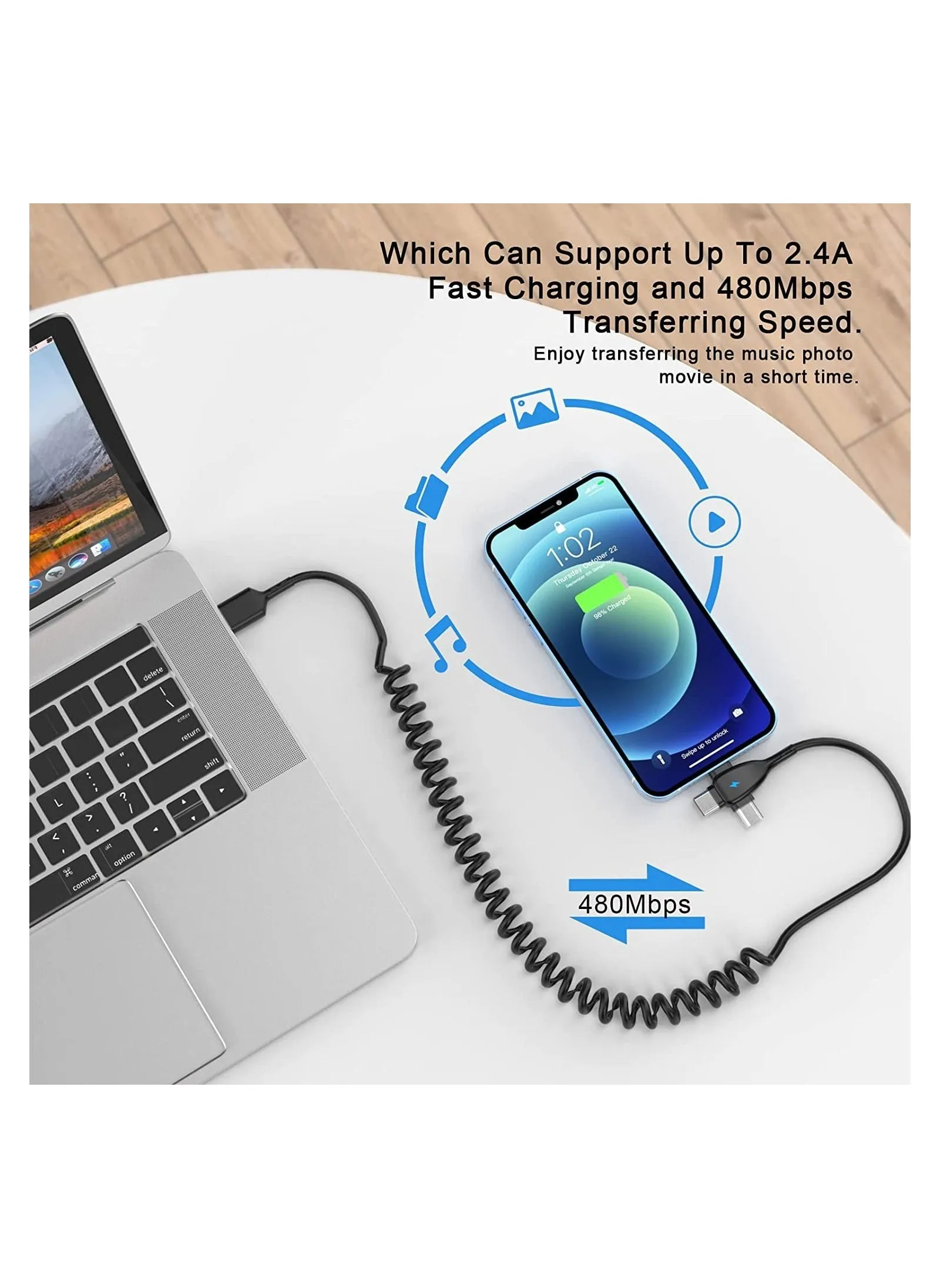 كابل لايتنينج ملفوف 3 في 1 لكابل شاحن iPhone لفائف السيارة ، كابل USB شاحن سريع متوافق مع Lightning Type-C Micro USB لأجهزة iPhone 14 13 12 11 XS XR X 8 7 يدعم أجهزة الكمبيوتر اللوحية بنظام iOS Androi-2