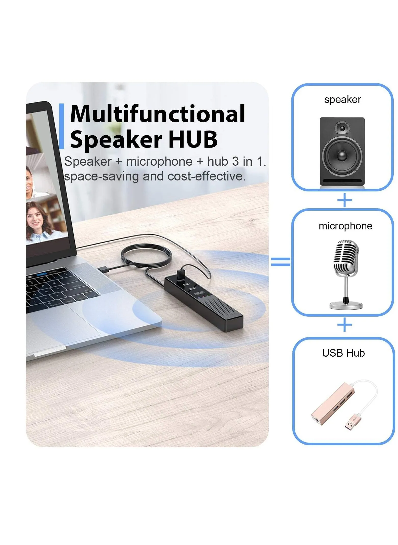 3-in-1 Computer Speaker with Microphone, USB Powered PC Speakers for Smart Home Office and Online Study, Portable External Desk Speakers with Hubs, Plug & Play-2