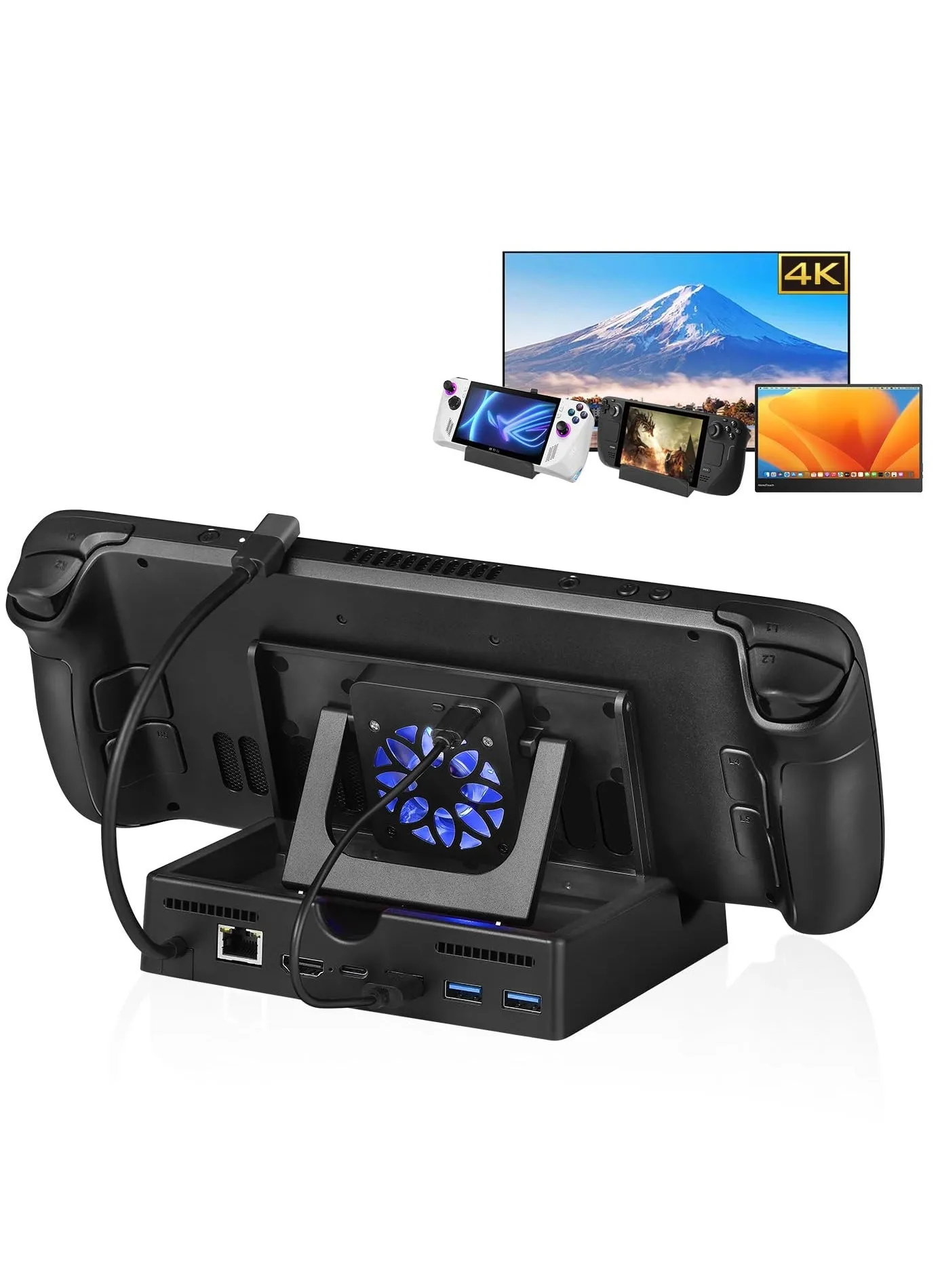 3-in-1 Docking Station for Steam Deck Include Steam Deck Stand Cooling Fan Steam Deck 6-in-1 Hub with 1000Mbps+HDMI 2.0 4K@60Hz+1USB-C Port +3USB 3.0 Ports for Steam Deck ASUS ROG Ally-1