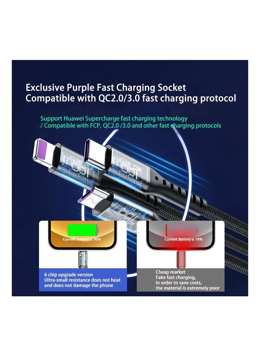 3 في 1 كابل شحن سريع من النوع C منفذ USB صغير 1.2 متر كابل شاحن قصير عالمي 5A شحن سريع لمزامنة البيانات-2