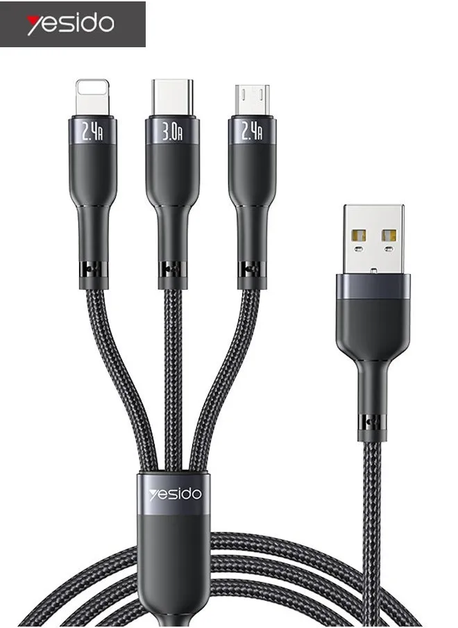 كابل بيانات شحن سريع 3 في 1، كابل بيانات USB إلى Lightning/Micro/Type-C، سلك مضفر من النايلون المتين، شحن سريع 3A، متوافق مع هواتف Apple Android المحمولة والمزيد (1.2 متر، أسود)-1