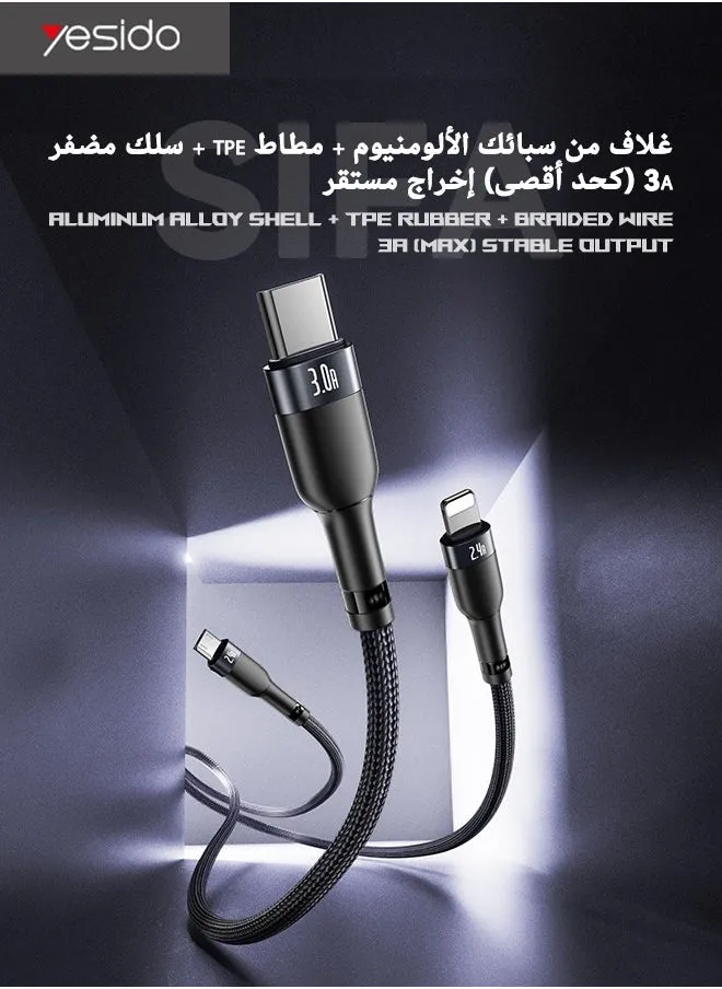 كابل بيانات شحن سريع 3 في 1، كابل بيانات USB إلى Lightning/Micro/Type-C، سلك مضفر من النايلون المتين، شحن سريع 3A، متوافق مع هواتف Apple Android المحمولة والمزيد (1.2 متر، أسود)-2