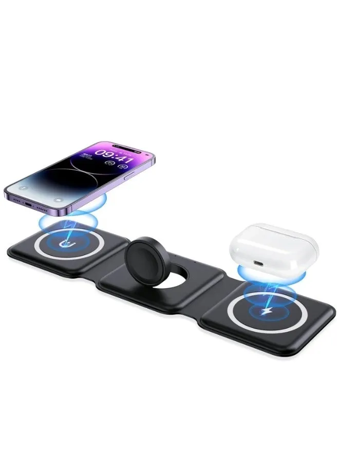 3 in 1 Foldable Wireless Charger Magnetic  Mag-Safe Charger Fast Travel Wireless Charging Station For Mobile Phone Watch Earphones(Black）-1