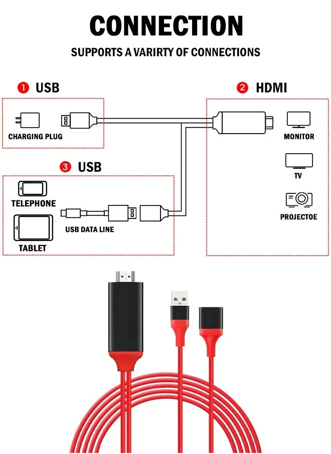 كابل محول HDMI ثلاثي في واحد، كابل فيديو AV للهاتف بنظام iOS/Android/Type-C إلى كابل تلفاز HDTV-2