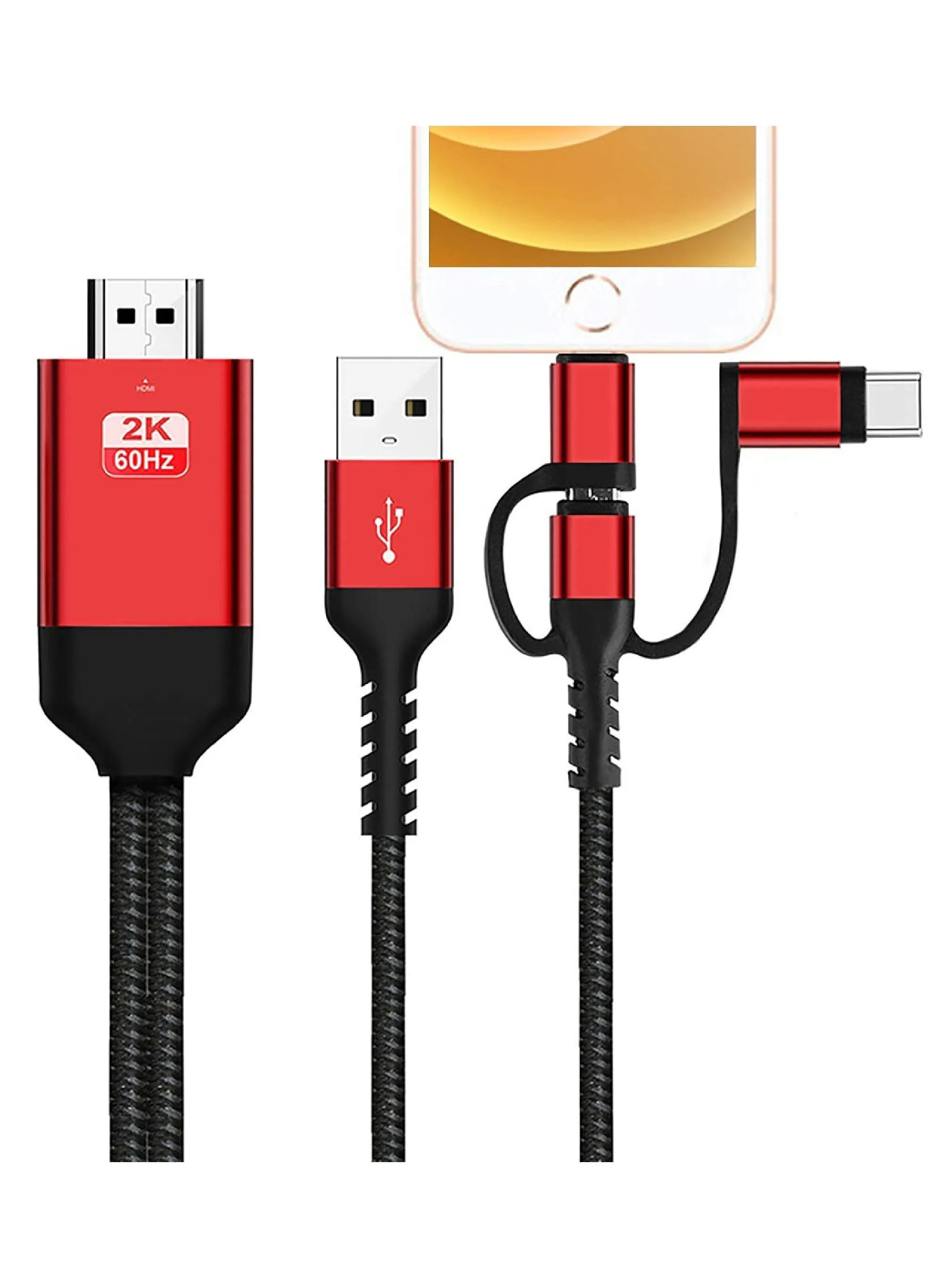 محول كابل HDMI 3 في 1 من النوع C/Micro USB/الهاتف MHL إلى HDMI يعكس الهاتف إلى التلفزيون/جهاز العرض/الشاشة HDTV 1080P متوافق مع سلسلة الهواتف XS/Android 5.0 وIO'S9 أعلاه-1