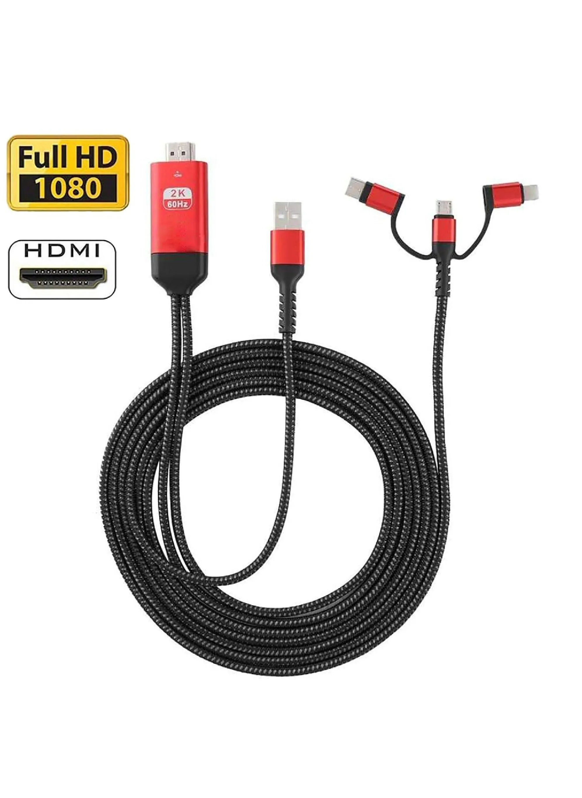 محول كابل HDMI 3 في 1 من النوع C/Micro USB/الهاتف MHL إلى HDMI يعكس الهاتف إلى التلفزيون/جهاز العرض/الشاشة HDTV 1080P متوافق مع سلسلة الهواتف XS/Android 5.0 وIO'S9 أعلاه-2