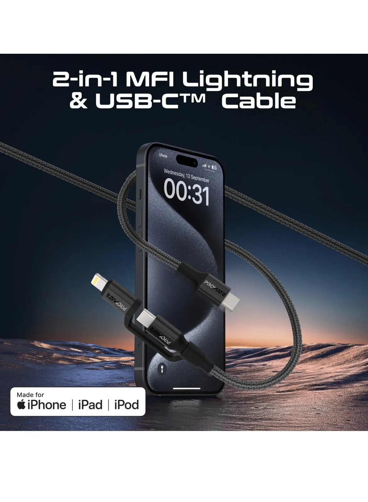 كابل MFI Lightning وUSB-C 3 في 1 مع موصلات قابلة للتبديل، مخرج USB-C بقوة 60 وات، مخرج Lightning بقوة 27 وات، نقل بيانات بسرعة 480 ميجابت في الثانية، مزامنة وشحن، مضفر من النايلون الخالي من التشابك، PowerLink-CCi-2