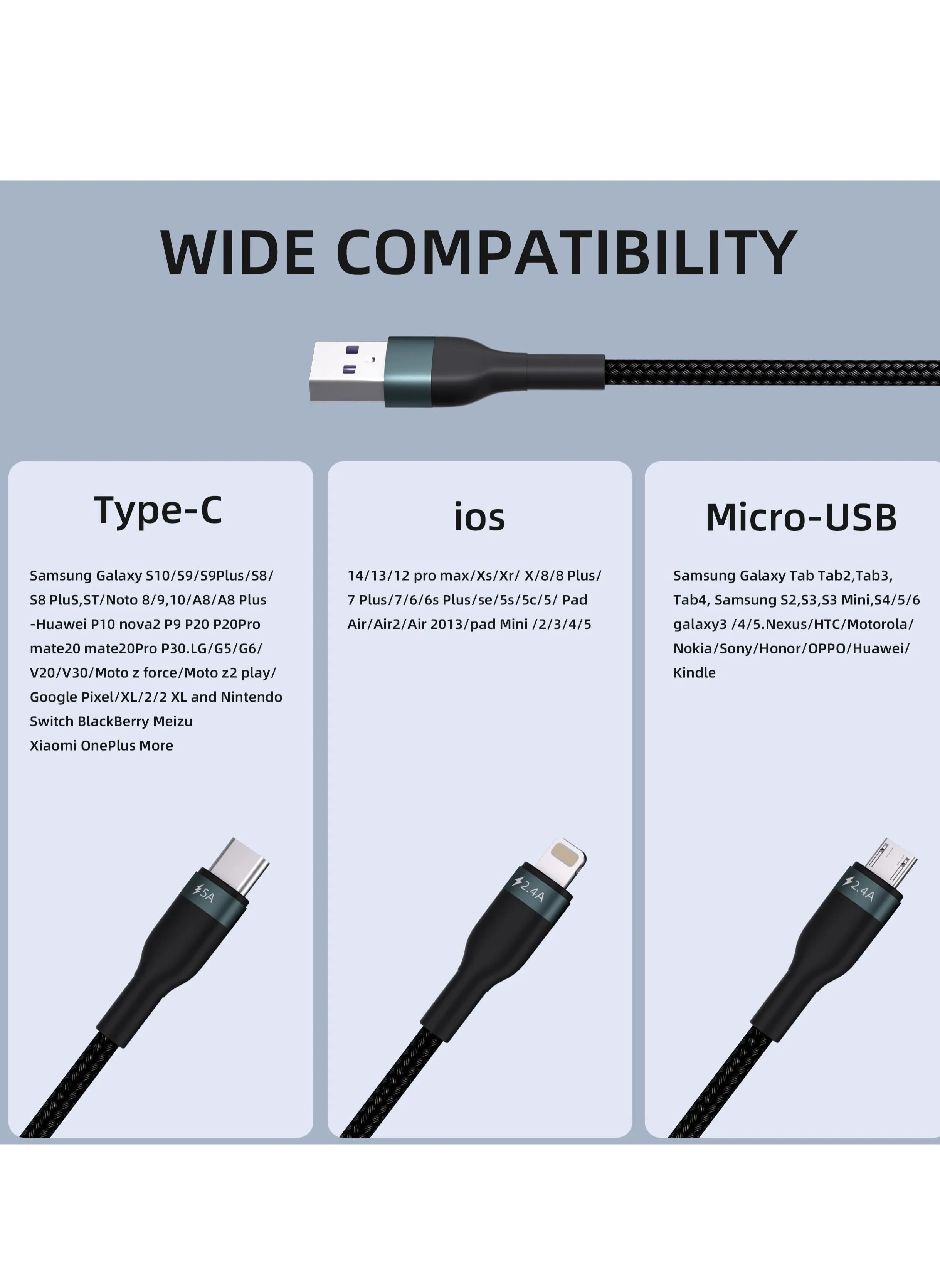 كابل شحن متعدد 3 في 1، كابل شحن USB سريع مضفر من النايلون، موصل كابل USB ثابت للشحن السريع، مع منفذ Type-C وMicro USB وIP، للاستخدام المنزلي والمكتب والشحن اليومي (4 أقدام)-2