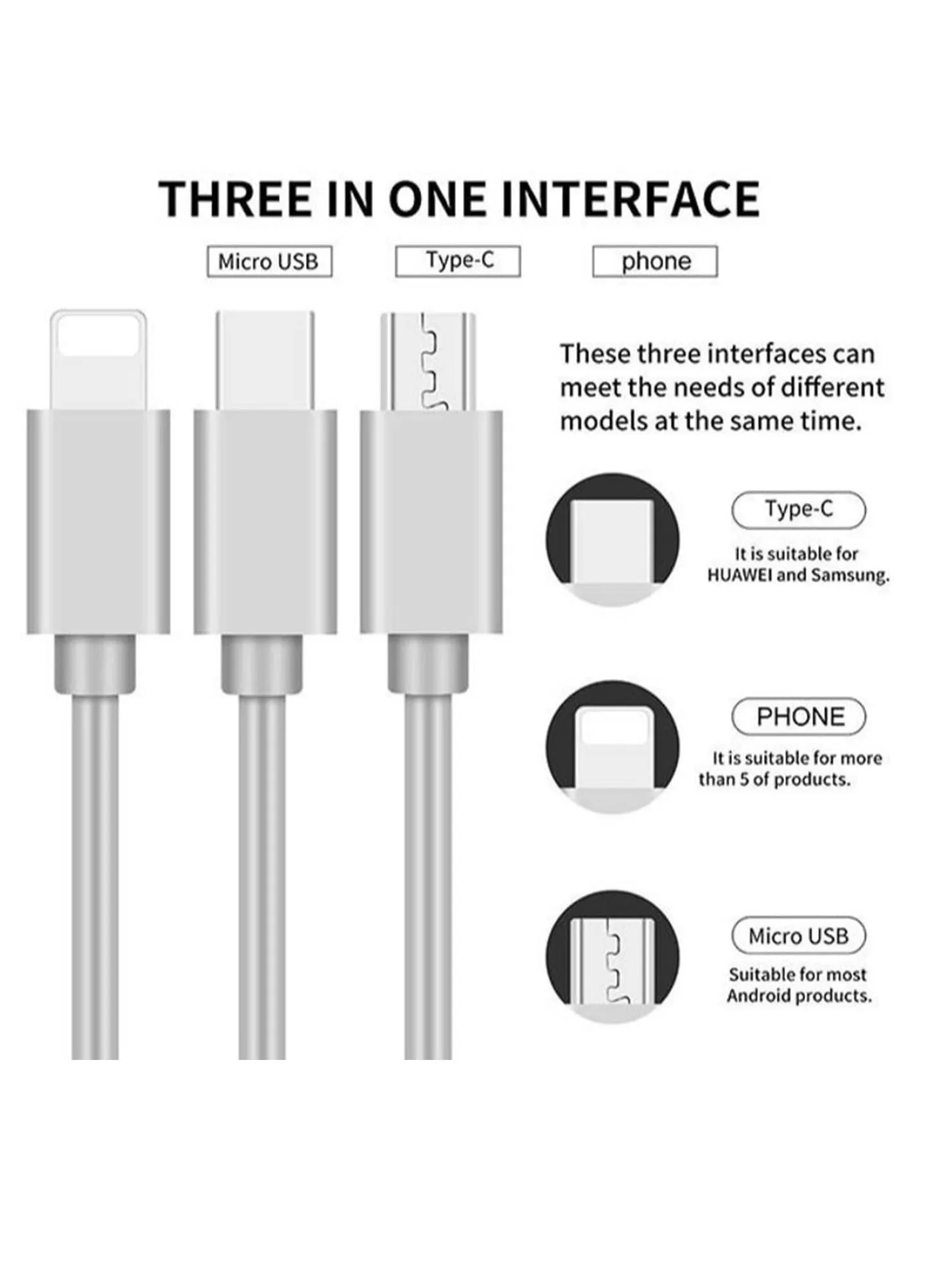 كابل شاحن USB متعدد 3 في 1 قابل للسحب مع موصلات منفذ USB صغير من النوع C ومتوافق مع الهواتف المحمولة والأجهزة اللوحية والاستخدام العالمي-2