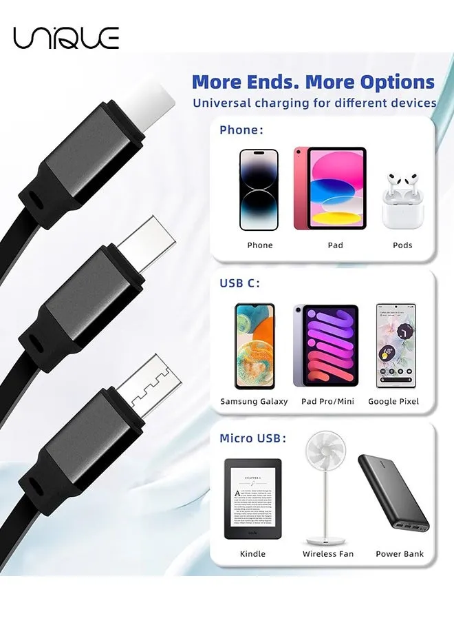 كابل شحن قابل للسحب 3 في 1 ، سلك شاحن سريع متعدد الكابلات USB لأجهزة iPhone و Samsung و iPad والأجهزة اللوحية و Switch والمزيد (أسود)-2